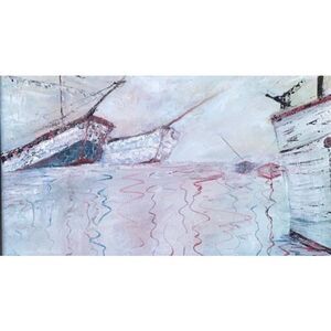 Vintage 35x28 Nautical Oil Painting Framed Cape Cod Rustic Harbor Scene Signed